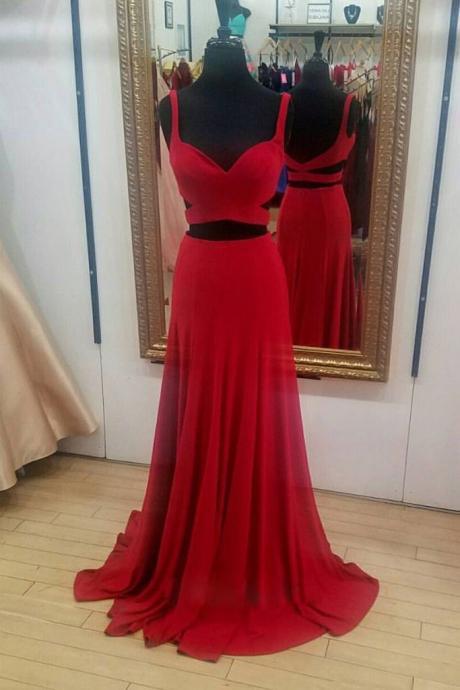 Red Chiffon Two Pieces Long Prom Dress, Red Evening Dress