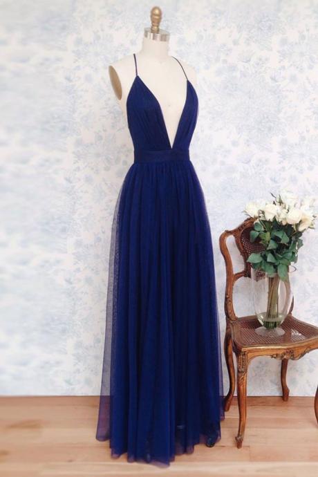 Simple V Neck Dark Blue Tulle Long Prom Dress, Evening Dress