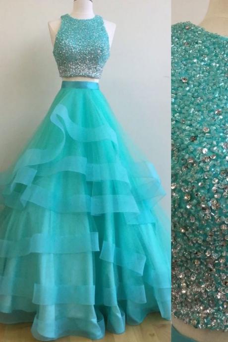 Green Two Pieces Sequin Tulle Long Prom Dress, Green Evening Dress