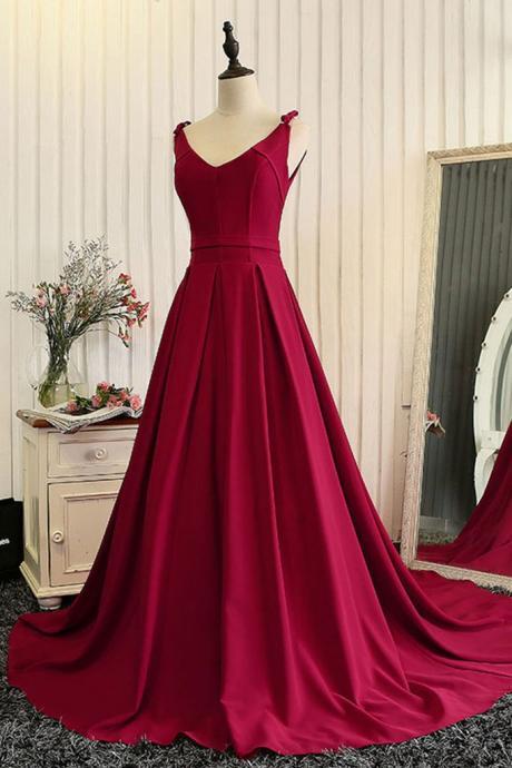 Dark Red V Neck Satin Long Prom Dress, Red Evening Dress
