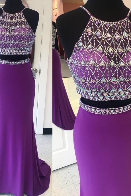 Purple Prom Dress,Two Piece Prom Dress,Mermaid Evening Gowns,Crystal Beaded Dress