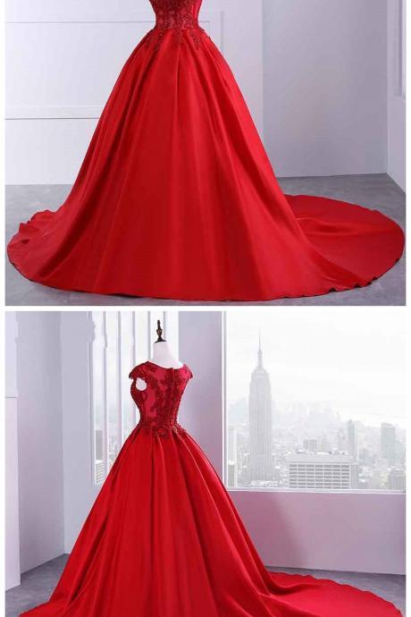 Red Prom Dresses,prom Dress,red Prom Gown,bright Red O-neck Prom Dresses Ball Gown Cap Sleeve Popular Evening Dress