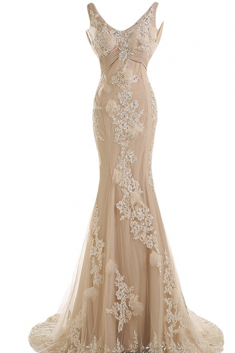 Gorgeous Flowers Champagne Tulle Long Party Dresses,v Neck Sexy Back Mermaid Evening Dresses