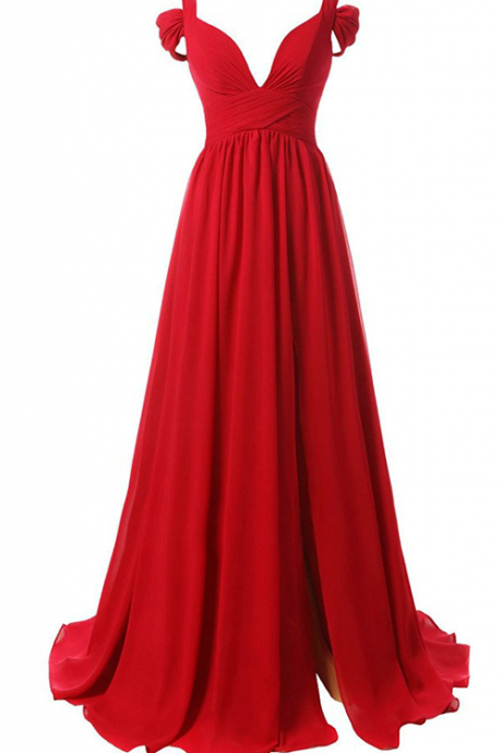 Red Chiffon Sexy Side Slit Prom Dresses Off The Shoulder V Neck A Line Long Party Dresses