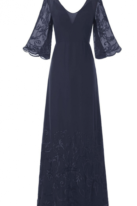Dark Navy V Neck Lace Chiffon Mother Of The Bride Dresses Flare Sleeves Embroidery Long Wedding Party Dresses