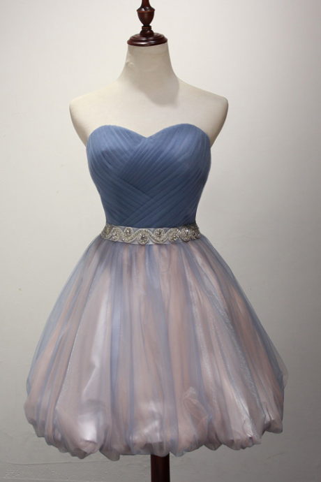 Glamorous Dusty Blue Tulle Pink Cocktail Dress Pleated Sweetheart Neck Beaded Belt Mini Party Dress