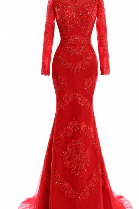 Red Floral Lace Appliquéd And Beaded Embellished Floor Length Tulle Mermaid Evening Gown Featuring Long Sleeves, Jewel Neck And Sweep Train