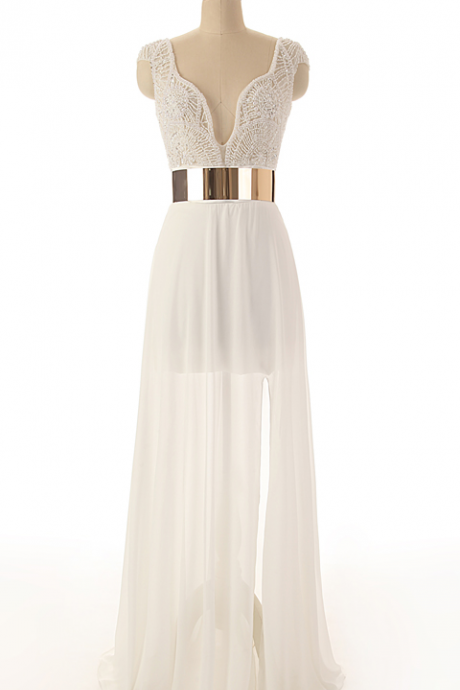 V-neck Cap Sleeves High Split Maxi Dress With Metallic Waistband - Homecoming Dress, Prom Dress, Party Dress