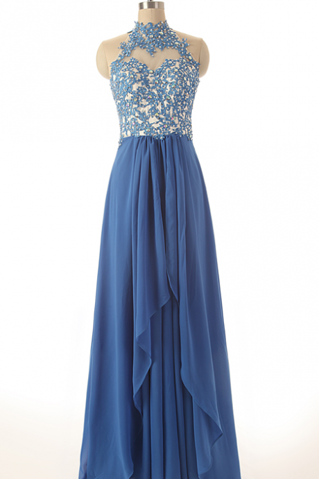 Lace Appliques And Beaded Embellished High Halter Neck Floor Length Evening Dress Featuring Cutout Back