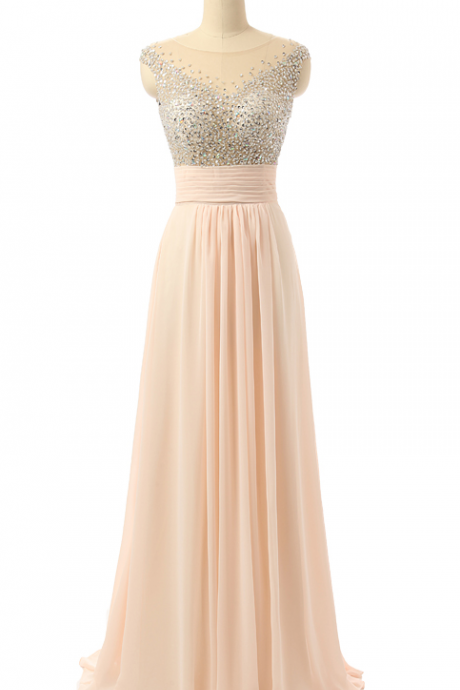 Beaded Embellished Plunge V Illusion Cap Sleeves Floor Length Chiffon A-line Formal Dress, Prom Dress