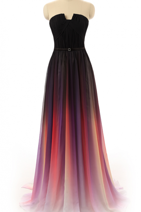Gradient Strapless Floor Length Chiffon Pleated Evening Dress, Prom Dress