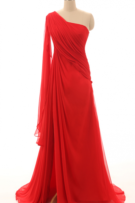 Red One Shoulder Flowy Chiffon Pleated A Line Floor Length Elegant Party Dresses