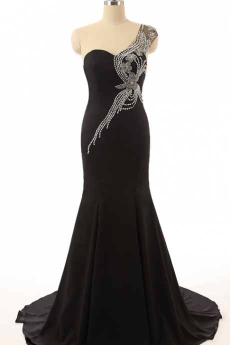 Sweetheart Neck One Shoulder With Beading Crystal Black Mermaid Long Party Dresses