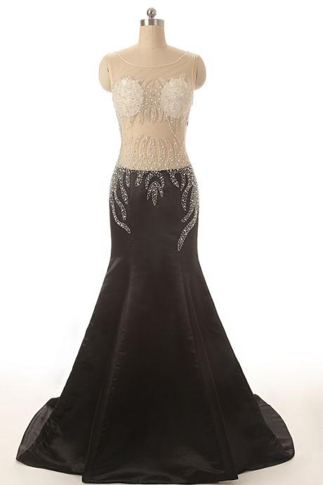 Sexy Beading See Througn Bodice Black Skirt Luxury Mermaid Party Dresses