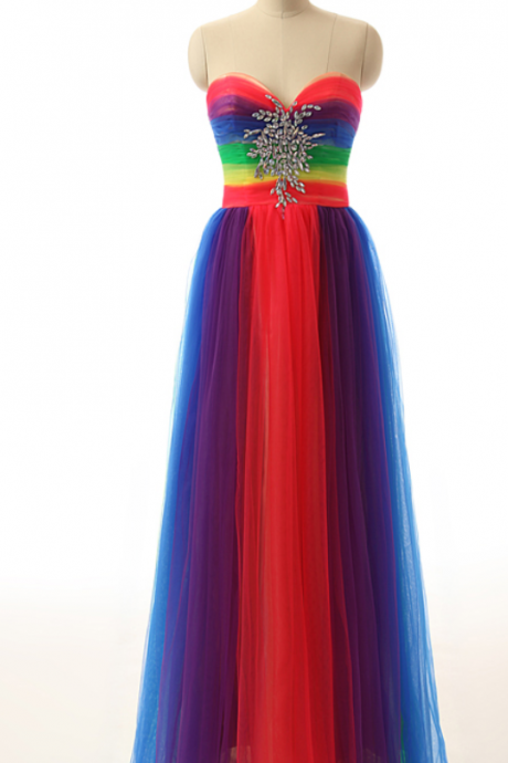 Colorful Tulle A Line Sweetheart Neck With Rhinestones Zipper Back Floor Length Party Dresses