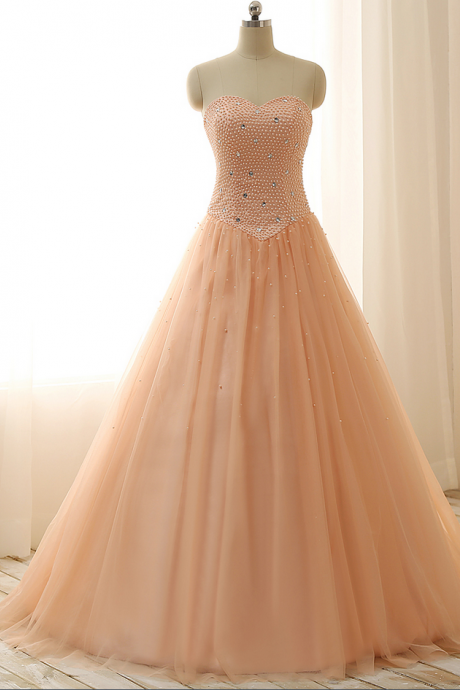 Sweetheart Satin Tulle Pearls Crystal Beads Ball Gown Laced Up Back Graduation Dress