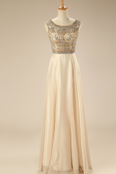 Champagne Crystal Beaded Prom Dresses Long Formal Evening Gowns Chiffon Party Dress