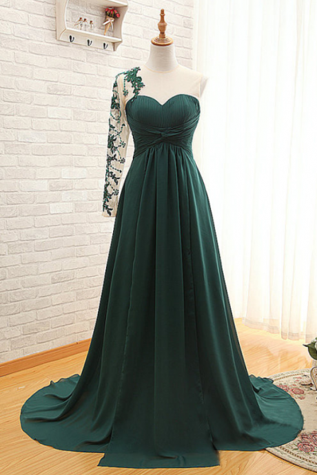 Real Photos One Shoulder Green Sparkly Prom Dresses Long Sleeve Evening Gowns Formal Dress
