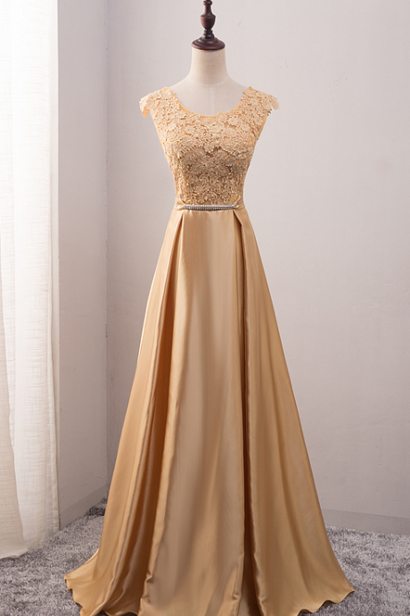 Gold Floral Lace Appliqués Cap Sleeves Scoop Neck Floor Length Satin Prom Dress, Formal Dress