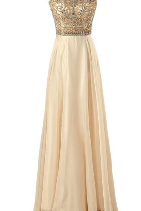 Open Back A-line Long Chiffon Prom Dress With Beaded Bodice