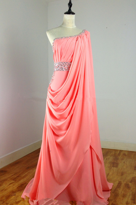 Pretty Handmade Croal One Shoulder Bridesmaid Dresses With Beadings,coral Prom Dresses, Coral Bridesmaid Dresses