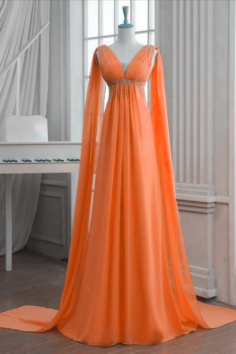 Elegant Orange Chiffon Long Prom Gowns, Prom Dresses , Formal Gowns, Party Dresses