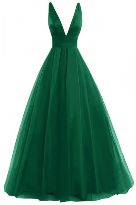 Green V Neck Long Prom Dresses A Line Sleeveless Sexy Back Floor Length Party Dresses