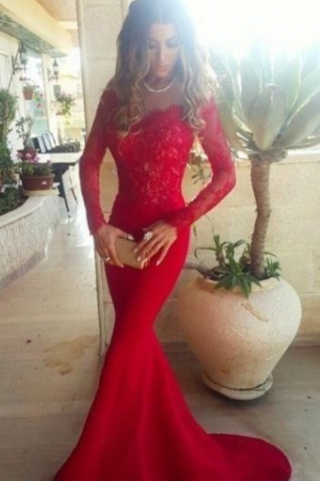 Prom Dress Formal Dress Long Sleeve Red Off The Shoulder Court Train Lace Trumpet Mermaid Prom Evening Dress