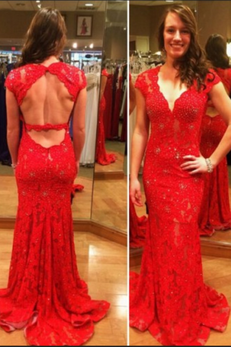 Formal Dress Red V Neck Cap Sleeve Backless Lace Trumpet Mermaid Style Evening Dress