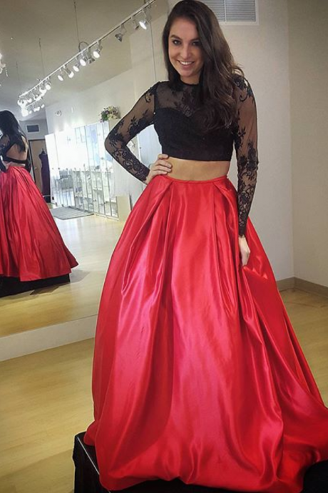 Long Sleeve Red Two Piece Lace Satin Keyhole Scoop Backless Black And White Crop Top Prom Formal Evening Dresses