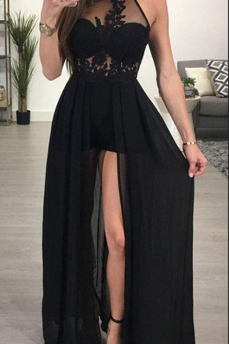 See-through Black Prom Gowns,simple Prom Dress, A-line Halter Prom Dresses,chiffon Evening Dresses