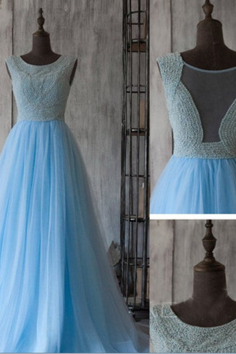 Ice Blue Tulle Round Neck Prom Dresses,see-through Lace A-line Long Floor-length Evening Dress,princess Dresses