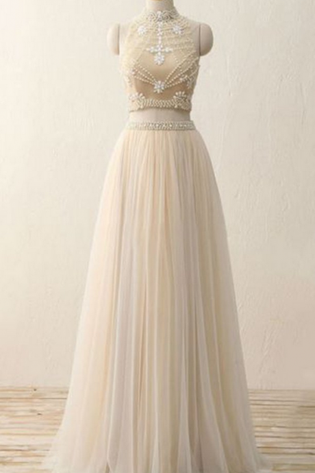 Ivory Chiffon See-through Two Pieces Beading A-line High Neck Long Evening Dress