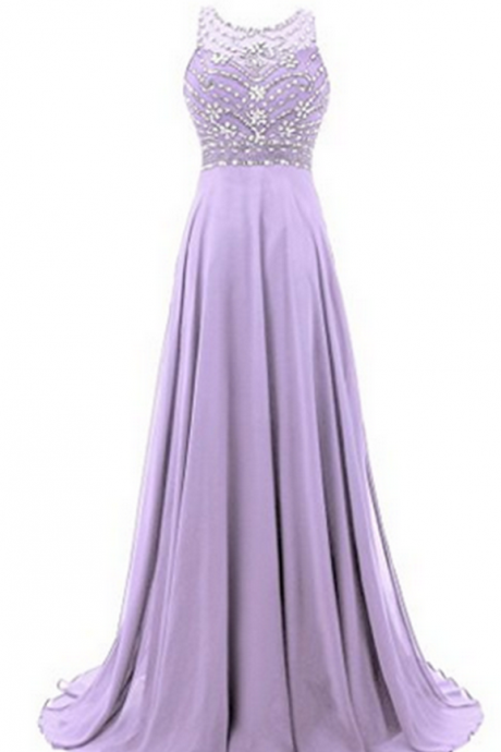 Lavander Chiffon Prom Dress,round Neck Sequins Beaded A-line Long Prom Dresses For Teens,evening Dress