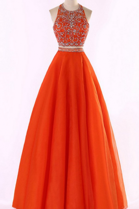 Orange Tulle Two Pieces Prom Dress,halter Beading Rhinestone A-line Long Prom Dresses ,shining Evening Dresses