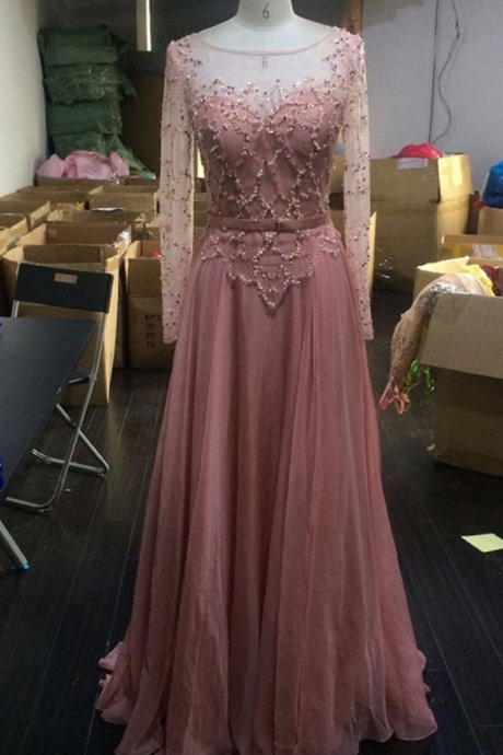 Peach Chiffon Prom Dress,see-through Long Sleeves A-line Round Neck Sequins Simple Long Prom Dresses