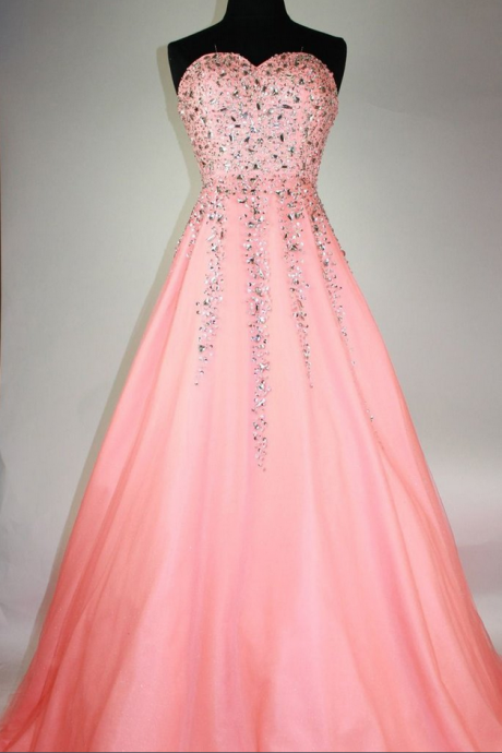 Peach Organza Sweetheart Prom Dress, Beading A-line Long Prom Dresses For Teens ,evening Dresses