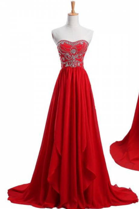 Red Sweetheart Chiffon Long Beaded Formal Dresses, Red Prom Dresses
