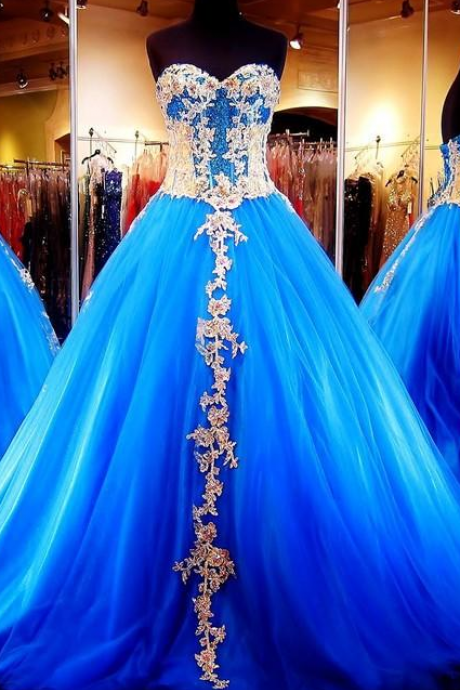 Stunning Blue Quinceanera Dresses Gold Applique Dancer Prom
