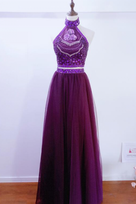 Real Photos Two Pieces Prom Dresses Fashion Purple ,evening Dresses
