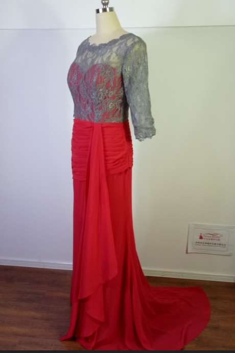 Real Picture Long Prom Dresses,red With Dark Silver Lace Mermaid Evening Dresses
