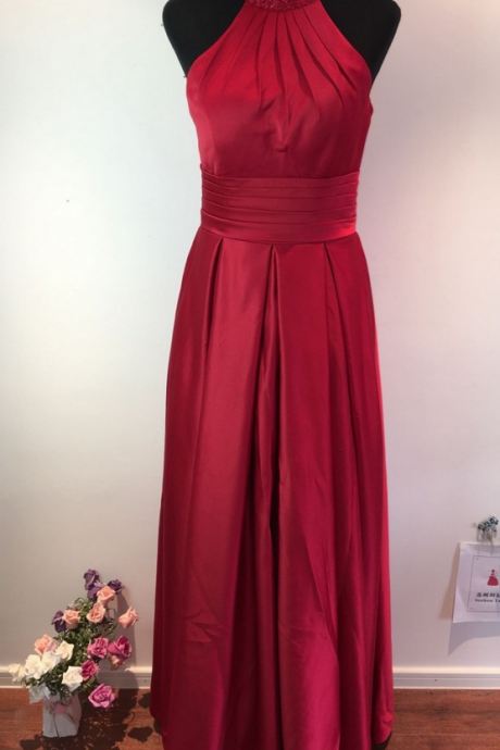 Red Satin Beaded Embellished High Halter Neck Floor Length A-line Wedding Guest Dress