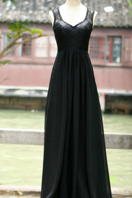 Style V Neck Sleeveless A Line Floor Length Long Black Prom Dresses