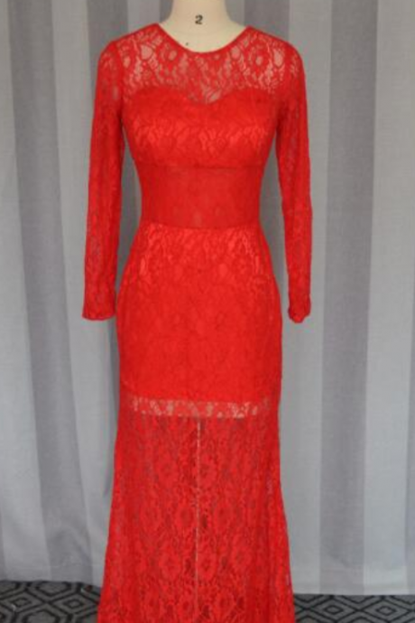 Sexy Round Neck Long Sleeves Formal Dress, Mermaid Long Prom Dresses,sheet Red Lace Evening Dresses