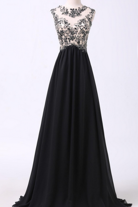 Fashion O Neck Sleeveless Appliqued And Beaded A Line Floor Length Long Black Party Dress