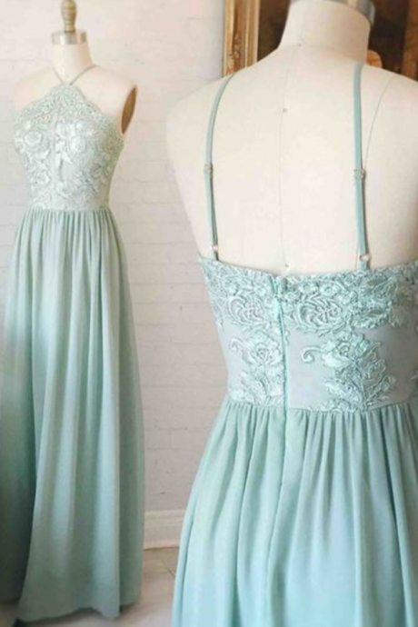 Mint Chiffon Appliques Prom Dresses Long A-line Sexy Party Dresses Backless Evening Dresses