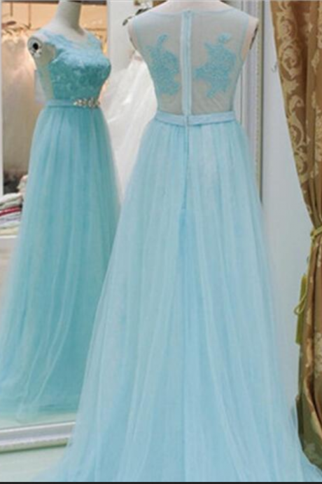 Baby Blue A Line Tulle Prom Dresses Long V Neck Party Dresses See Through Back Evening Dresses