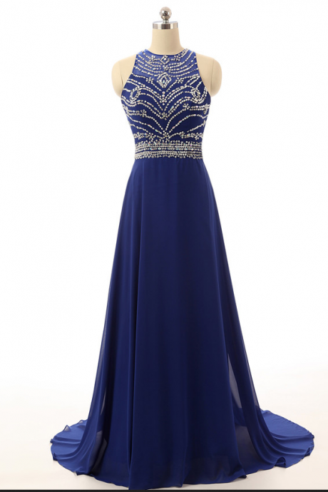 Sexy Long Royal Blue Formal Dresses Showcases Beaded Sheer Neckline Bodice ,sexy Chiffon A Line Evening Gowns,prom Dresses