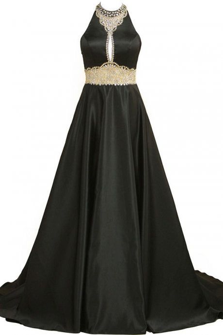 Black Satin Keyhole Prom Dresses With Halter Neckline,sexy Beaded Beaded Evening Gowns