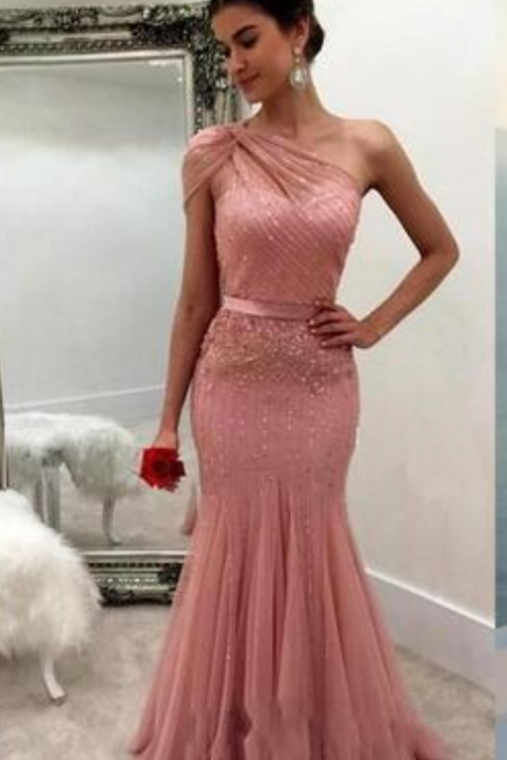 Pink One Shoulder Crystal Beaded Illusion Sashes Plus Size Tulle Party Dress Formal Evening Gowns